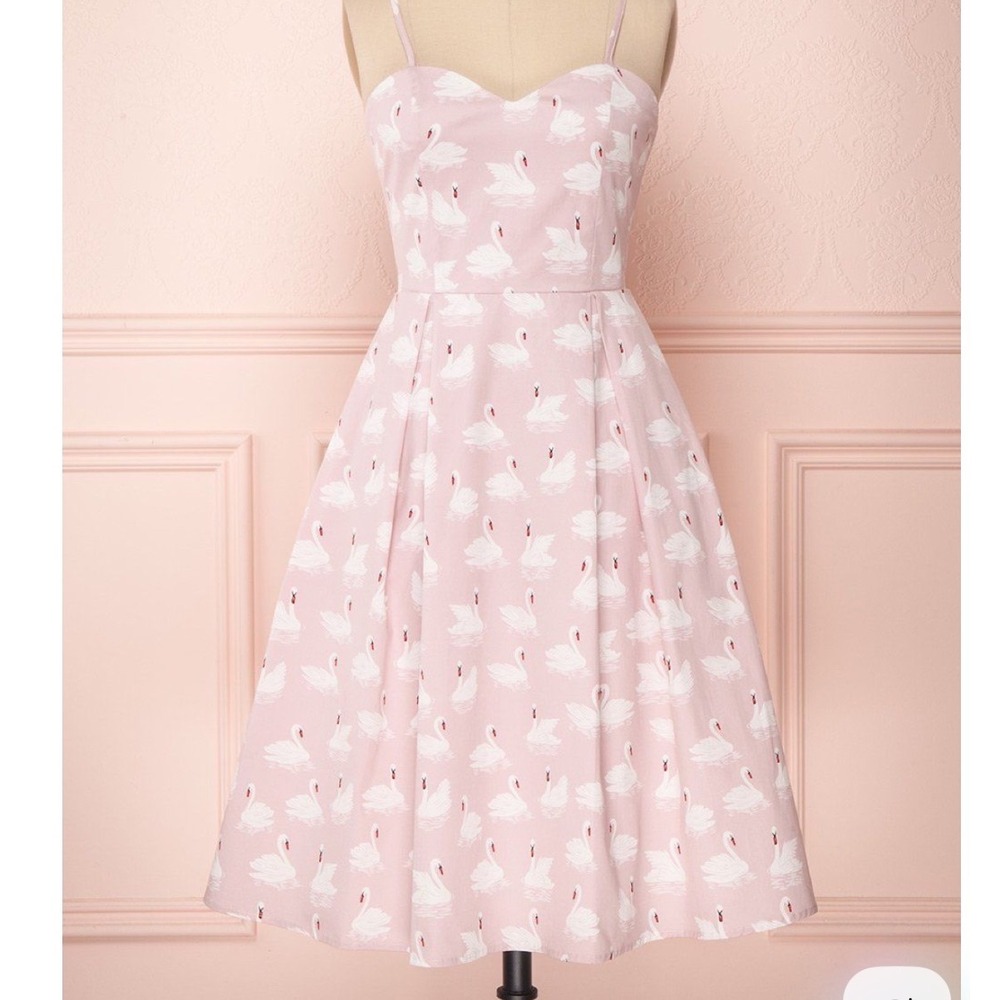 1861 Pink Swan Print Sweetheart Fit and Flare Dress XS Sleeveless Pleated Skirt